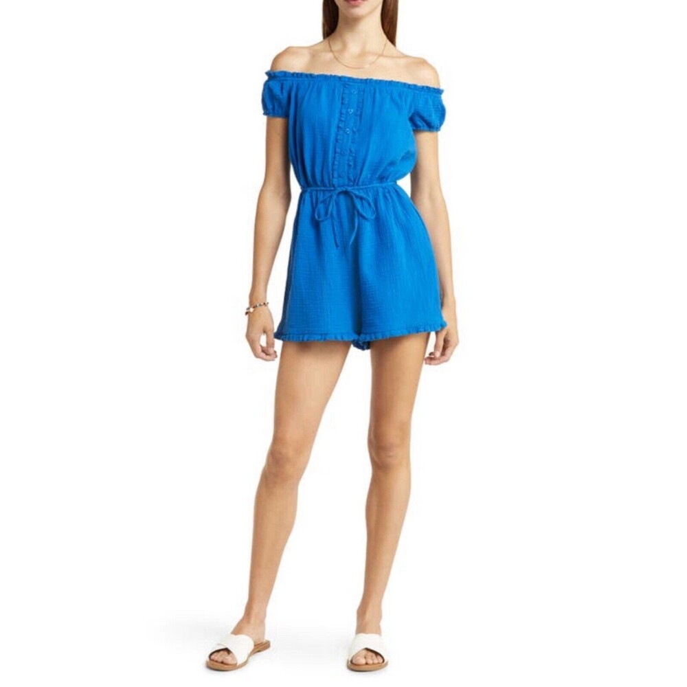 BP Seersucker Off The Shoulder Romper Blue Ruffle Casual Size Small Tie Classic